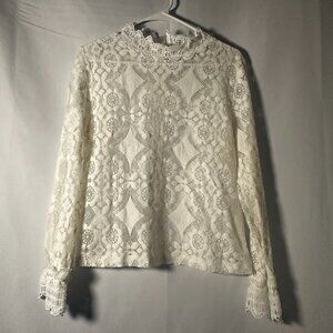 Shein Cream Lace High Neck Long Sleeve Blouse M